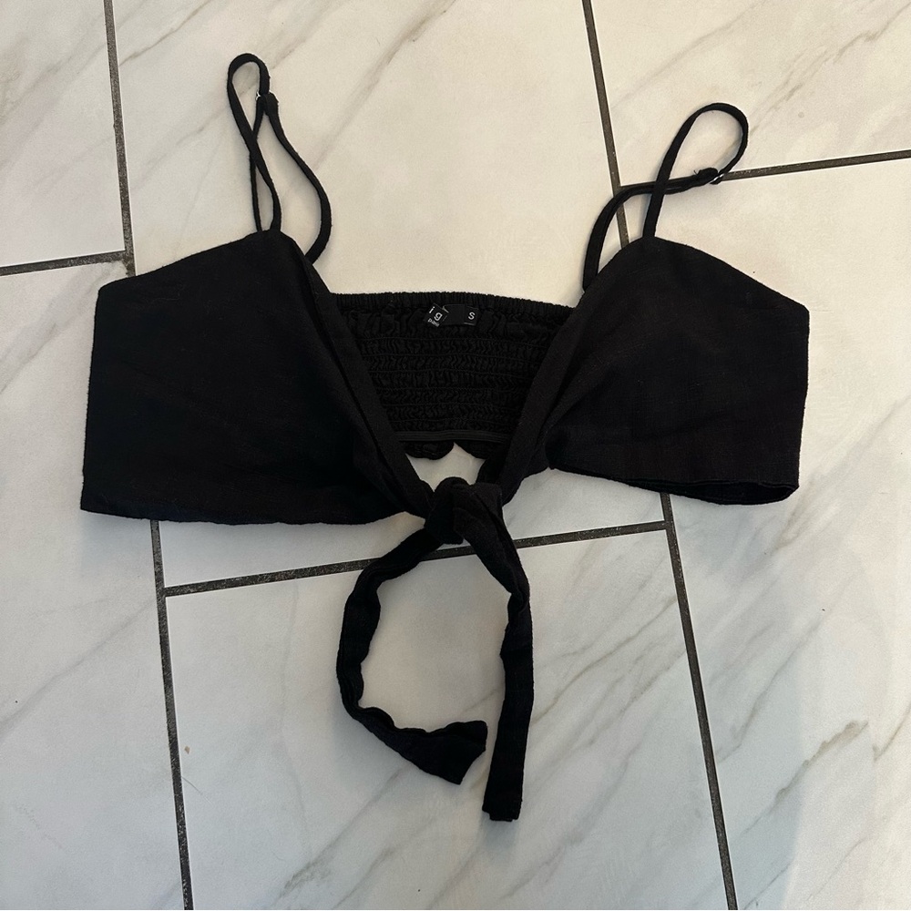 Eight Eight Eight Paris Black Tie Front Crop Top 100 Linen Beach Vacation Size S